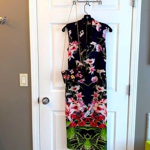 Ted Baker Bodycon Dress Size 2 US 4 Black With Pinks Green Beautiful Flower